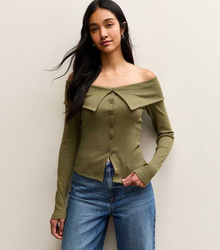 Dark Khaki Folded Bardot Neck Button Up Top