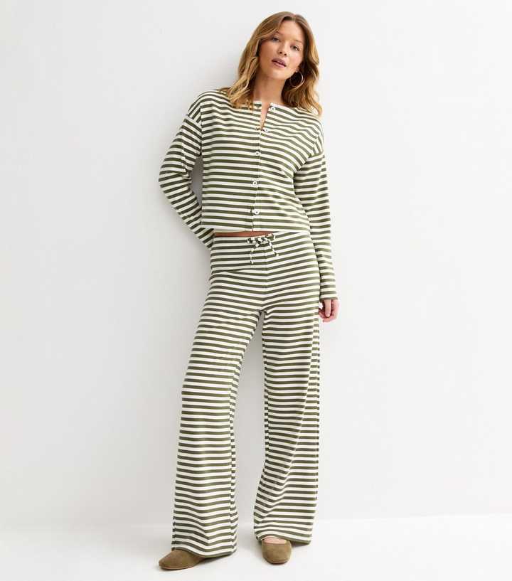 Green Relaxed Striped Wide Leg Trousers