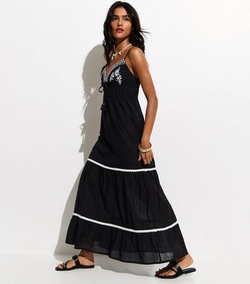 Black Embroidered Cotton Beach Maxi Dress | New Look