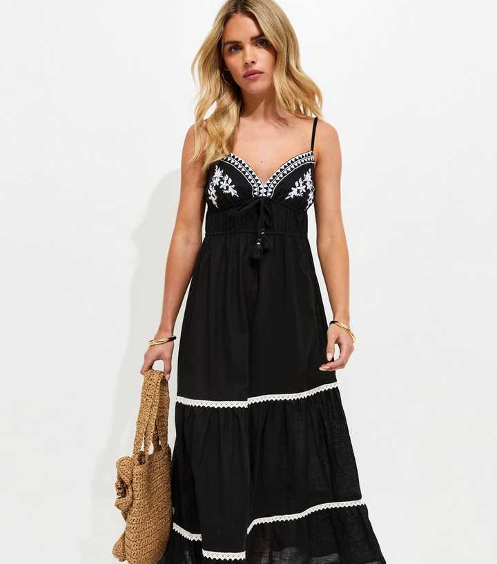 knee length dresses for ladies Black Ivory Dot Halter Front Chiffon Maxi Dress