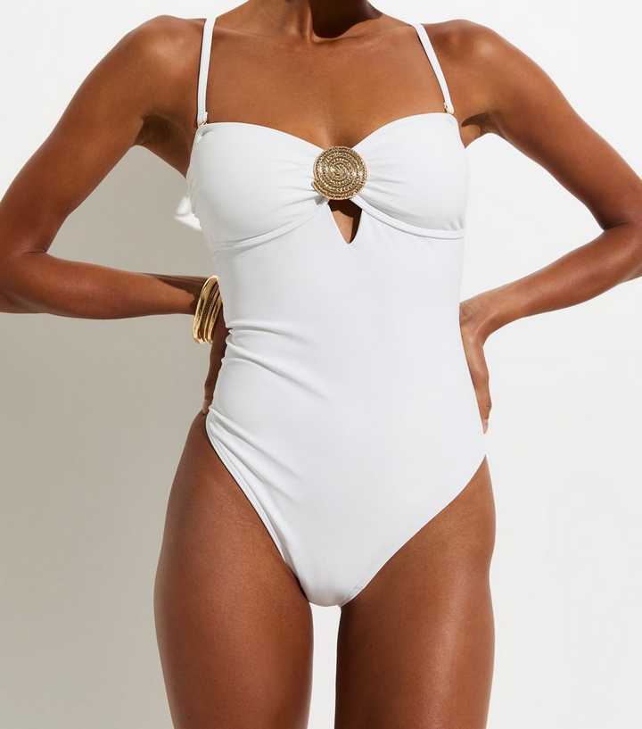 White Tummy Control Shell Buckle Swimsuit