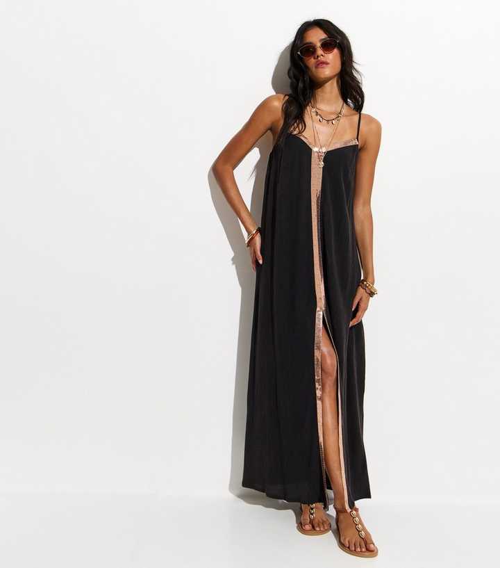 Black Sequin Trim Maxi Dress