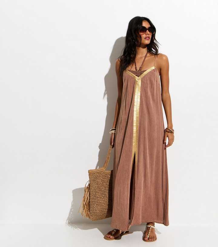 Light Brown Sequin Trim Beach Maxi Dress | New Look