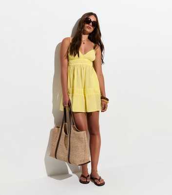 Light Yellow Cotton Tiered Beach Mini Dress