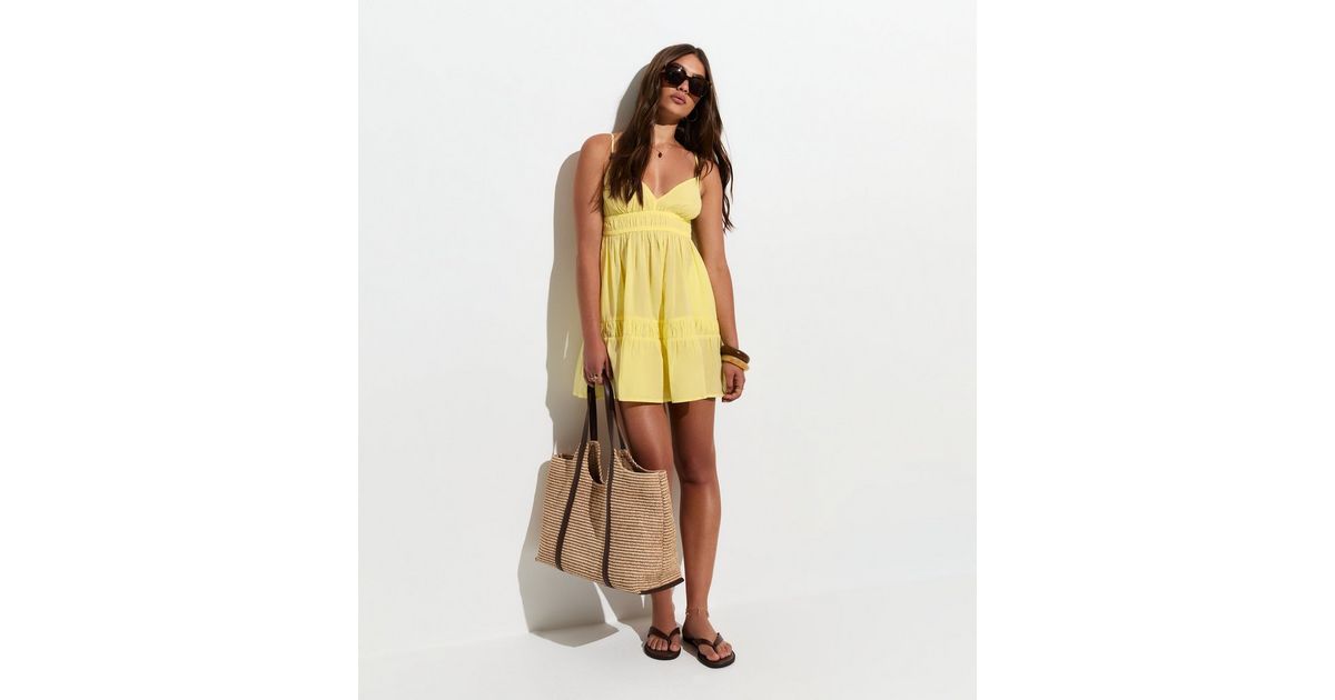 Light Yellow Cotton Tiered Beach Mini Dress