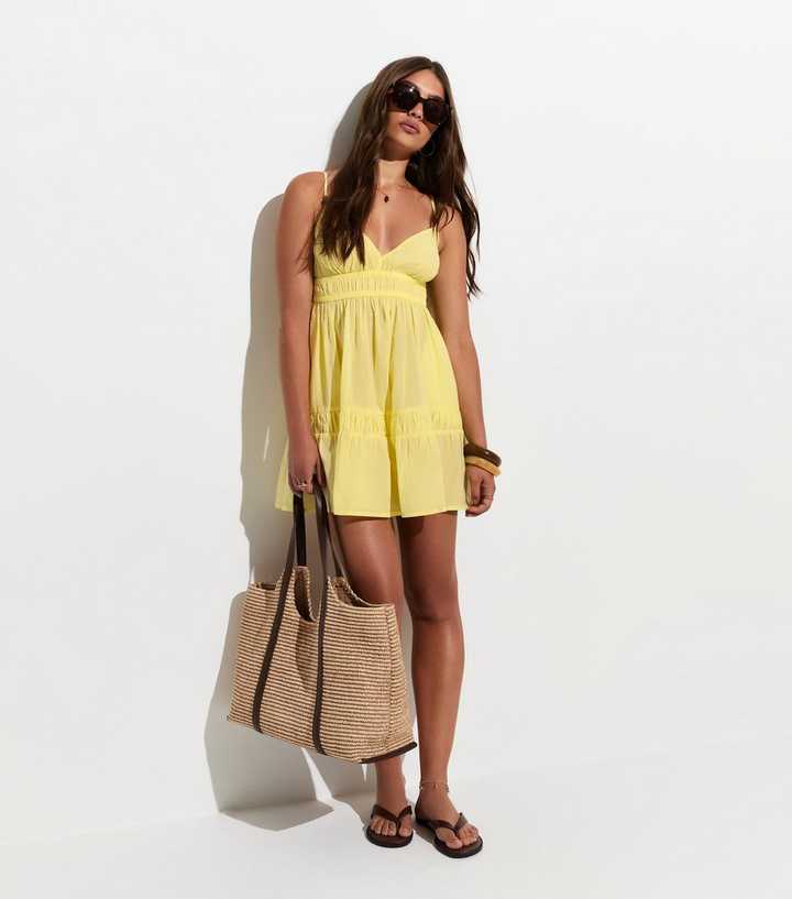 Light Yellow Cotton Tiered Beach Mini Dress