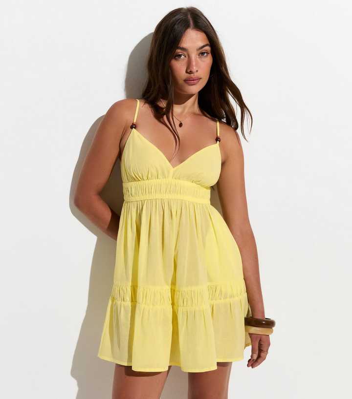 Light Yellow Cotton Tiered Beach Mini Dress | New Look