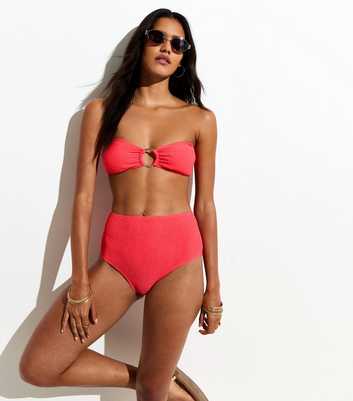 Coral Crinkled High Waist Bikini Bottoms