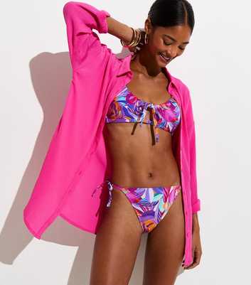 Purple Tropical Leaf Tie Side Bikini Bottoms