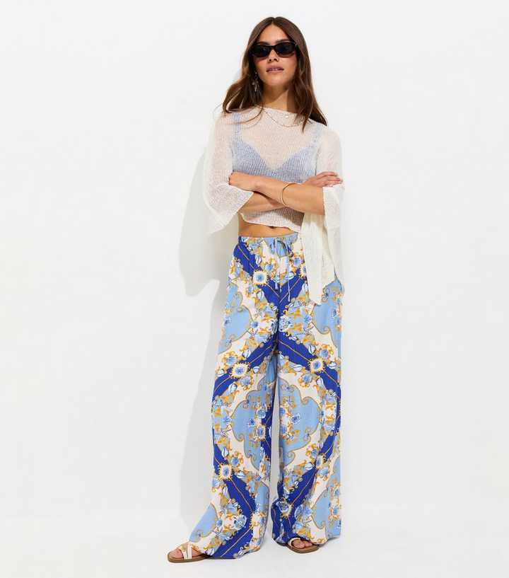 Petite Blue Shell Print Wide Leg Beach Trousers