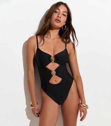 Black Tummy Control Sunburst Ring Cutout Swimsuit