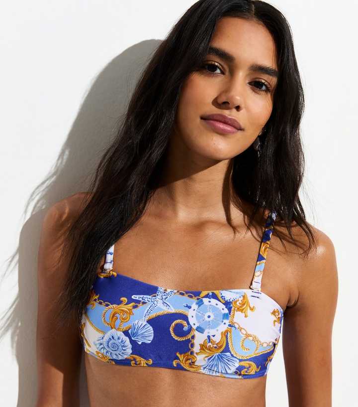 Blue Treasure Print Bandeau Bikini Top