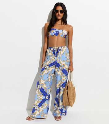 Blue Treasure Print Beach Wide Leg Trousers