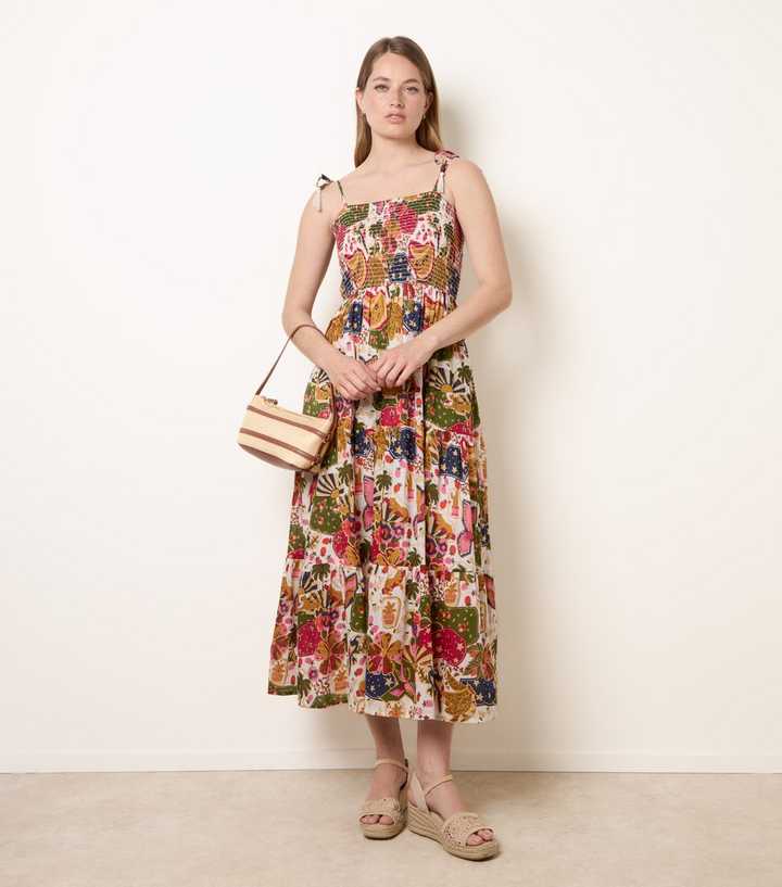 Blue Vanilla Multicoloured Cotton Floral Shirred Midi Dress