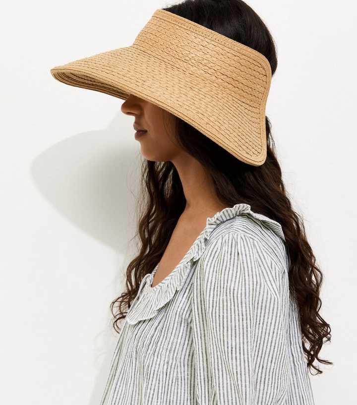 Tan Oversized Braided Straw Visor Hat
