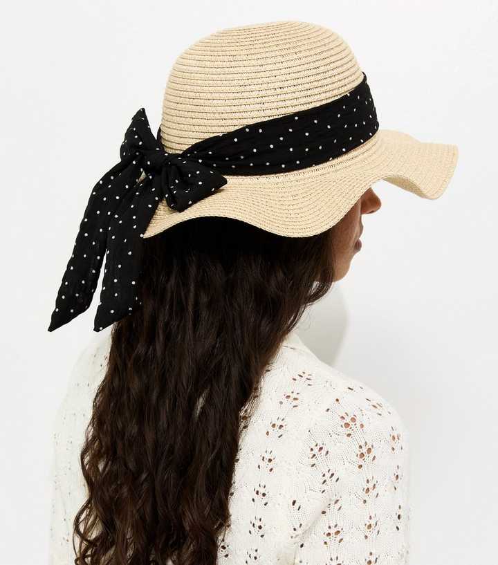 Stone Wavy Brim Straw Hat with Polka Dot Bow