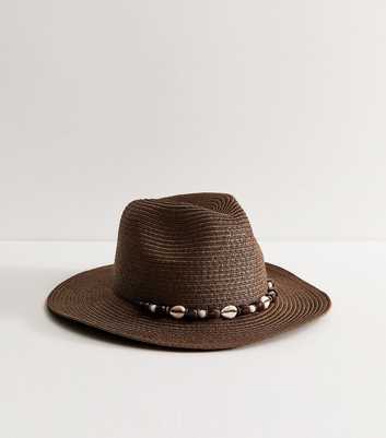 Dark Brown Beaded Shell Trim Straw Fedora Hat