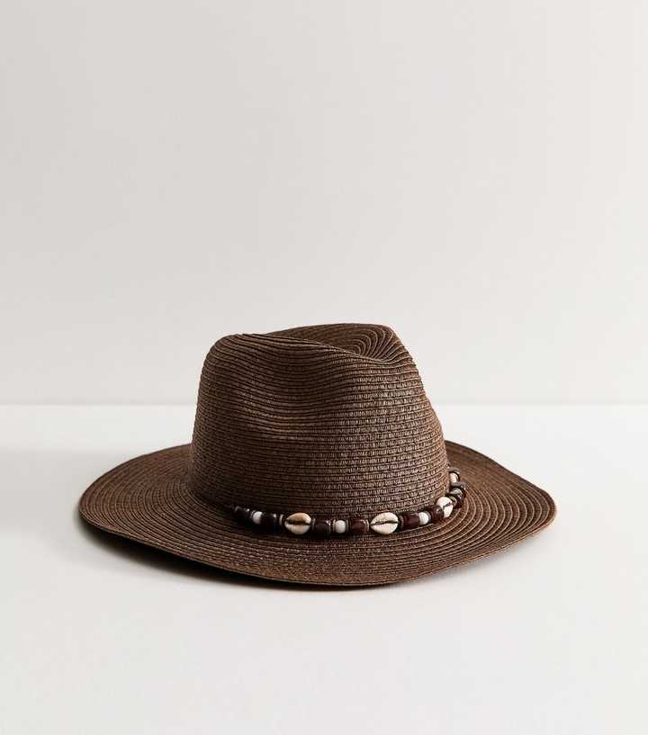 Dark Brown Beaded Shell Trim Straw Fedora Hat