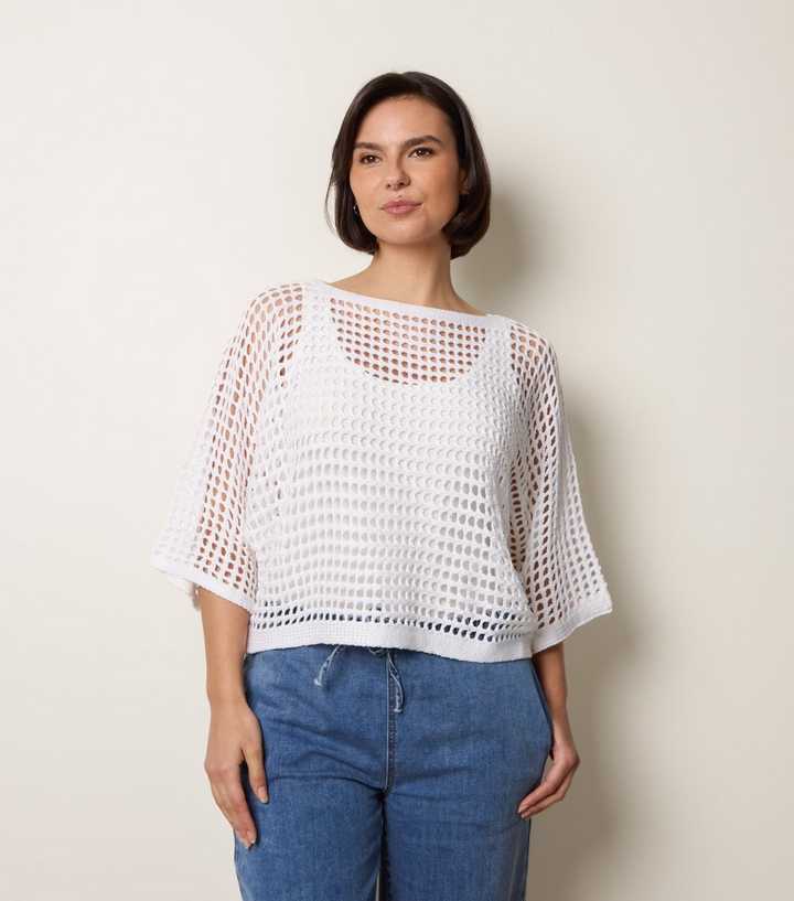 Blue Vanilla Off White Crochet Net Top