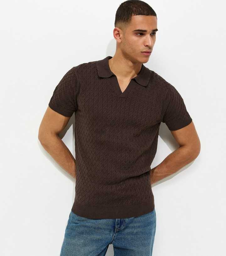 Brown Regular Cable Knit Short Sleeve Top
