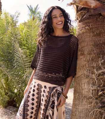 Blue Vanilla Dark Brown Crochet Fishnet Top