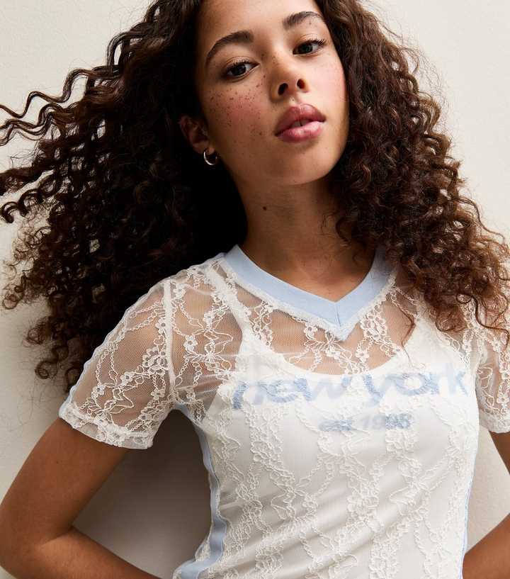 Girls White New York Fitted Lace Football Top