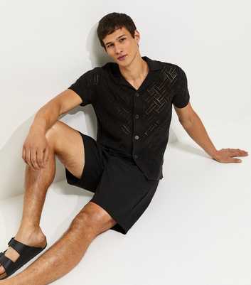 Black Cotton Rich Knit Regular Diamond Revere Collar Shirt