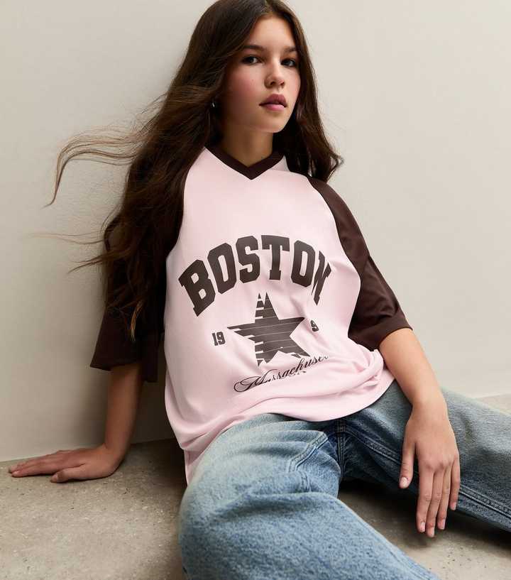 Girls Pink Boston Star Print Longline Football Top