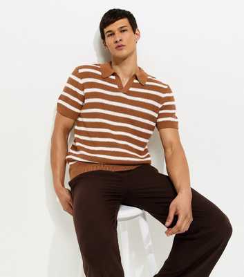Brown Stripe Tuck Stitch Regular Polo Top