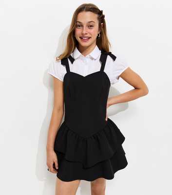 Girls Black Bow Strap Rara School Dress