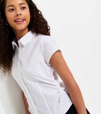 Girls White Gathered Bow Short Sleeve School Shirt
