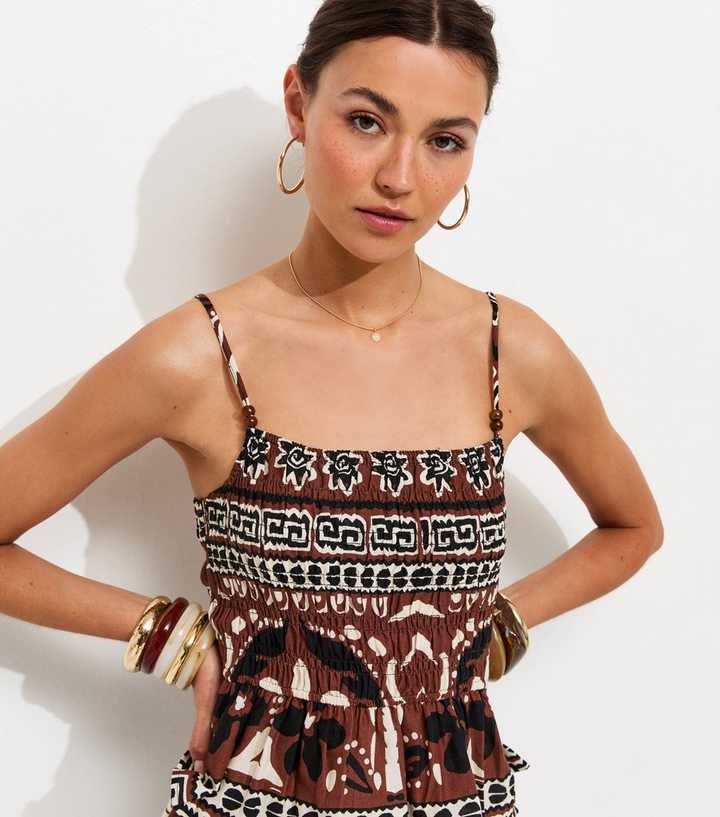 Brown Palm Tree Print Beaded Cami Top