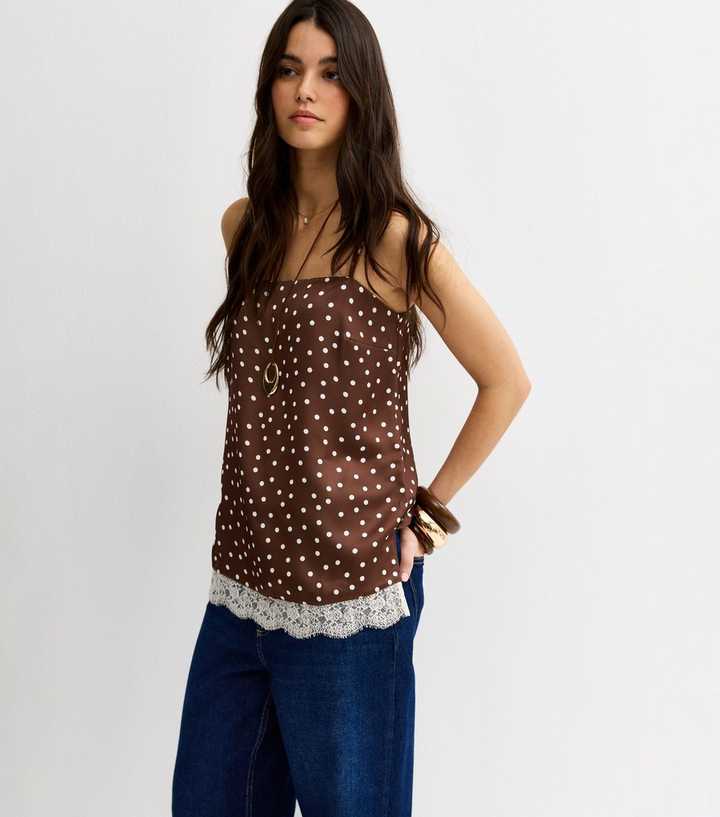Brown Satin Polka Dot Lace Hem Cami Top