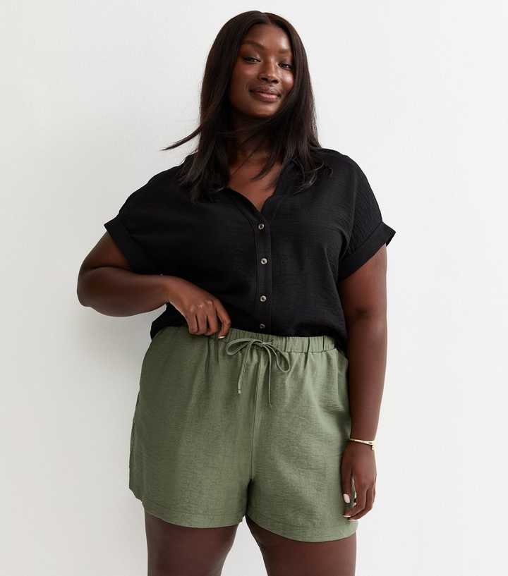 Curves Dark Khaki Crinkled Drawstring Shorts