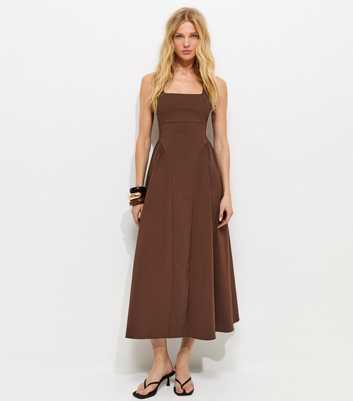 Brown Square Neck Gathered Hips Midi Dress