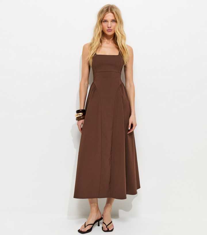 new look brown dress Brown Square Neck Gathered Hips Midi Dress