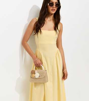 Light Yellow Square Neck Gathered Hips Midi Dress