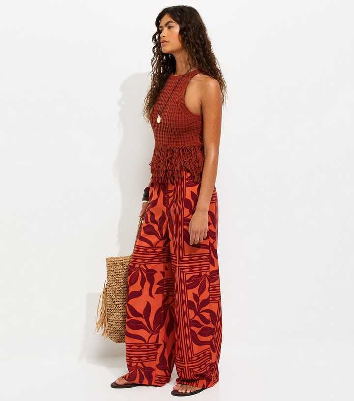 Red Crepe Leaf Pattern Wide Leg Trousers