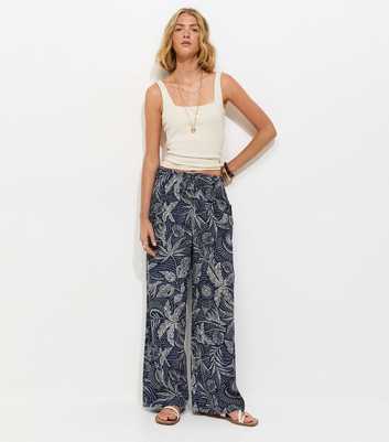 Blue Leaf Print Drawstring Wide Leg Trousers