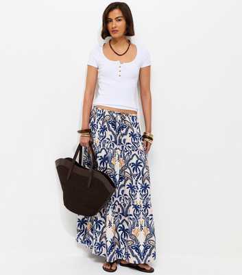 Blue Crepe Palm Tiered Midi Skirt
