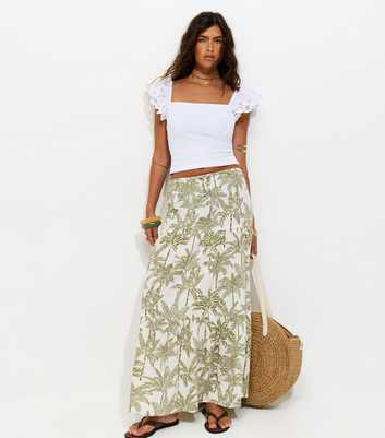 Green Crepe Palm Tree Print Tiered Midi Skirt