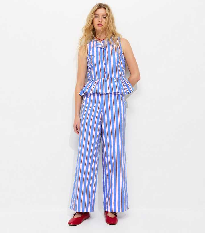 Bright Blue Striped Poplin Wide Leg Trousers