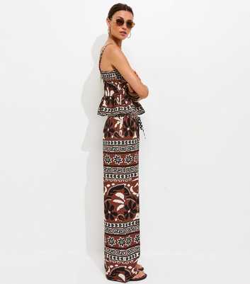 Brown Palm Tree Print Wide Leg Trousers