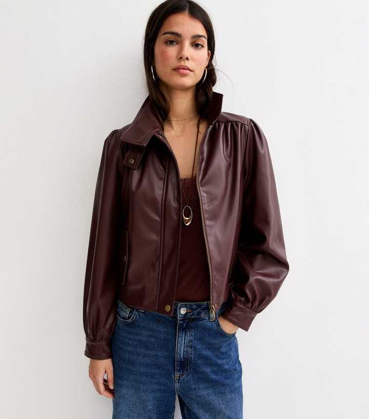 Burgundy Faux Leather Funnel Neck Jacket