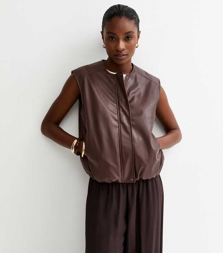 Brown Faux Leather Sleeveless Bubble Hem Jacket