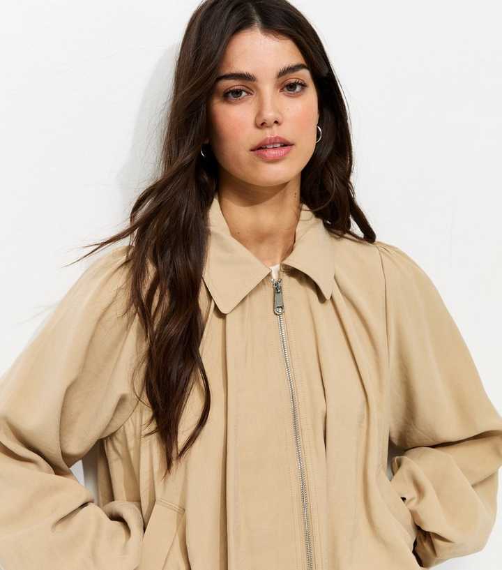 Camel Gathered Sleeve Zip Front Jacket