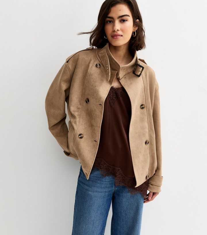 Camel Faux Suede Double Breasted Bomber Jacket