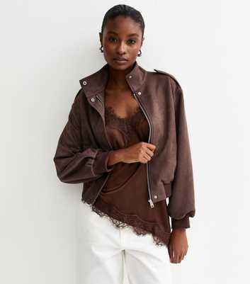 Brown Faux Suede High Neck Bomber Jacket