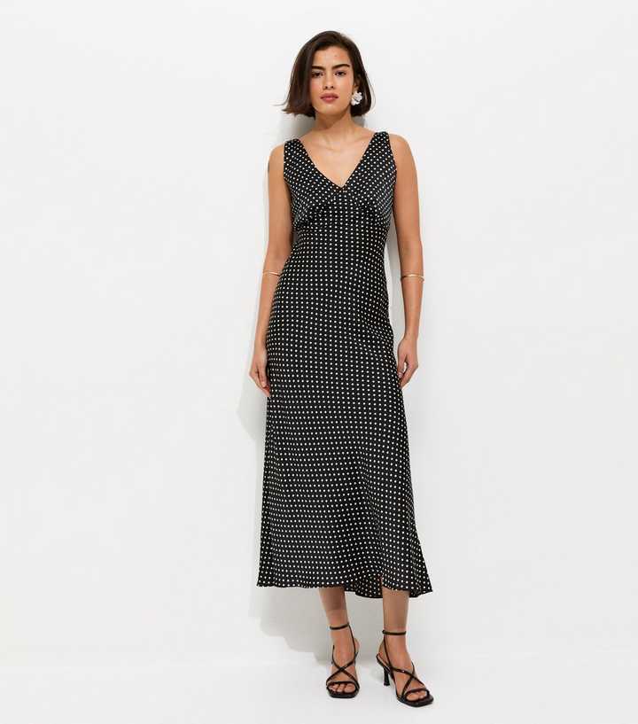 Black Spot Print Satin V-Neck Midi Dress