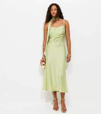 Light Green Satin Slip Midi Dress with Scarf